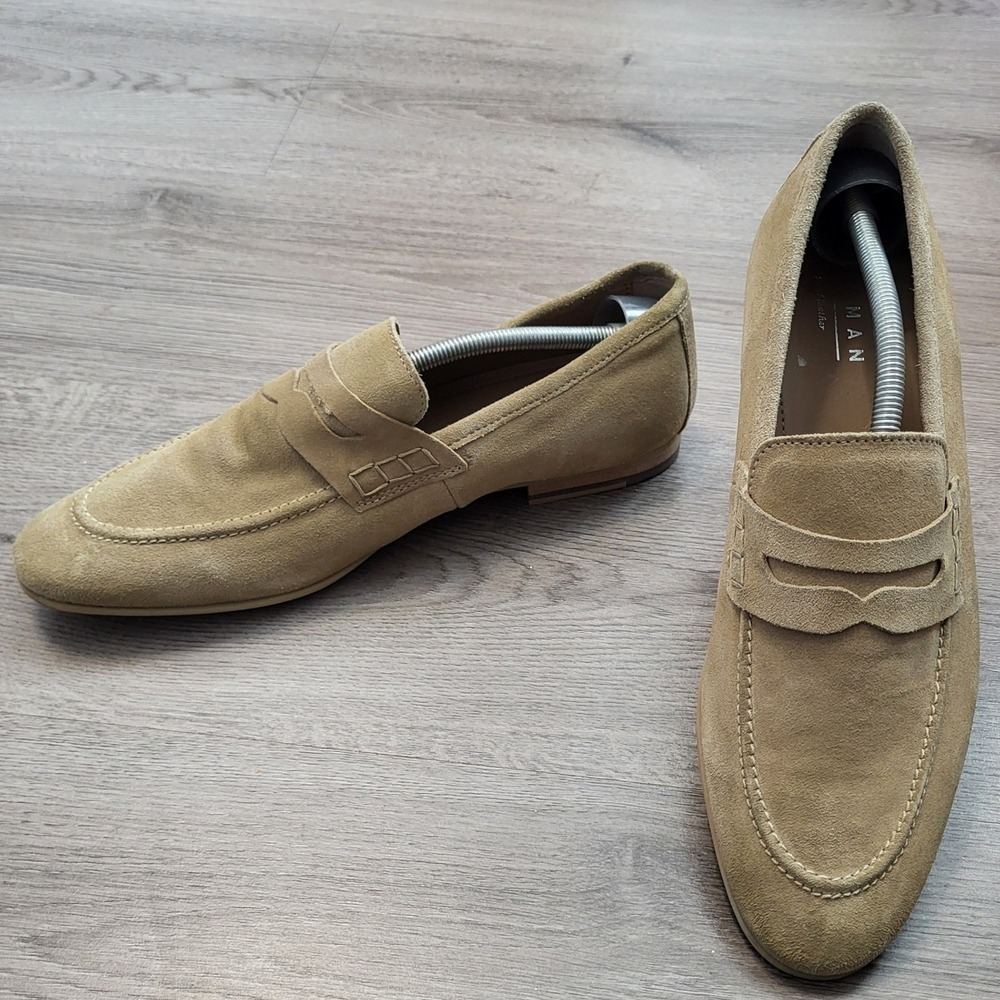 Topman Mens Tan Suede Penny Loafers Leather Slip On Dress Shoes size 10 Neutral